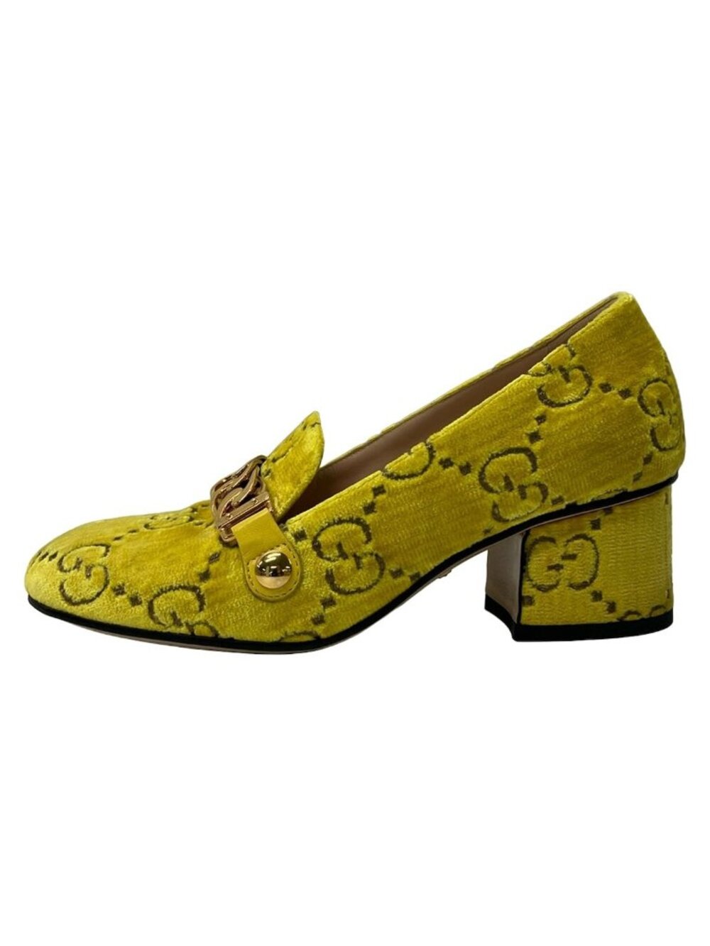 Gucci Pumps Sylvie GG Velvet Mid Heels Loafers Yellow Gold Chain